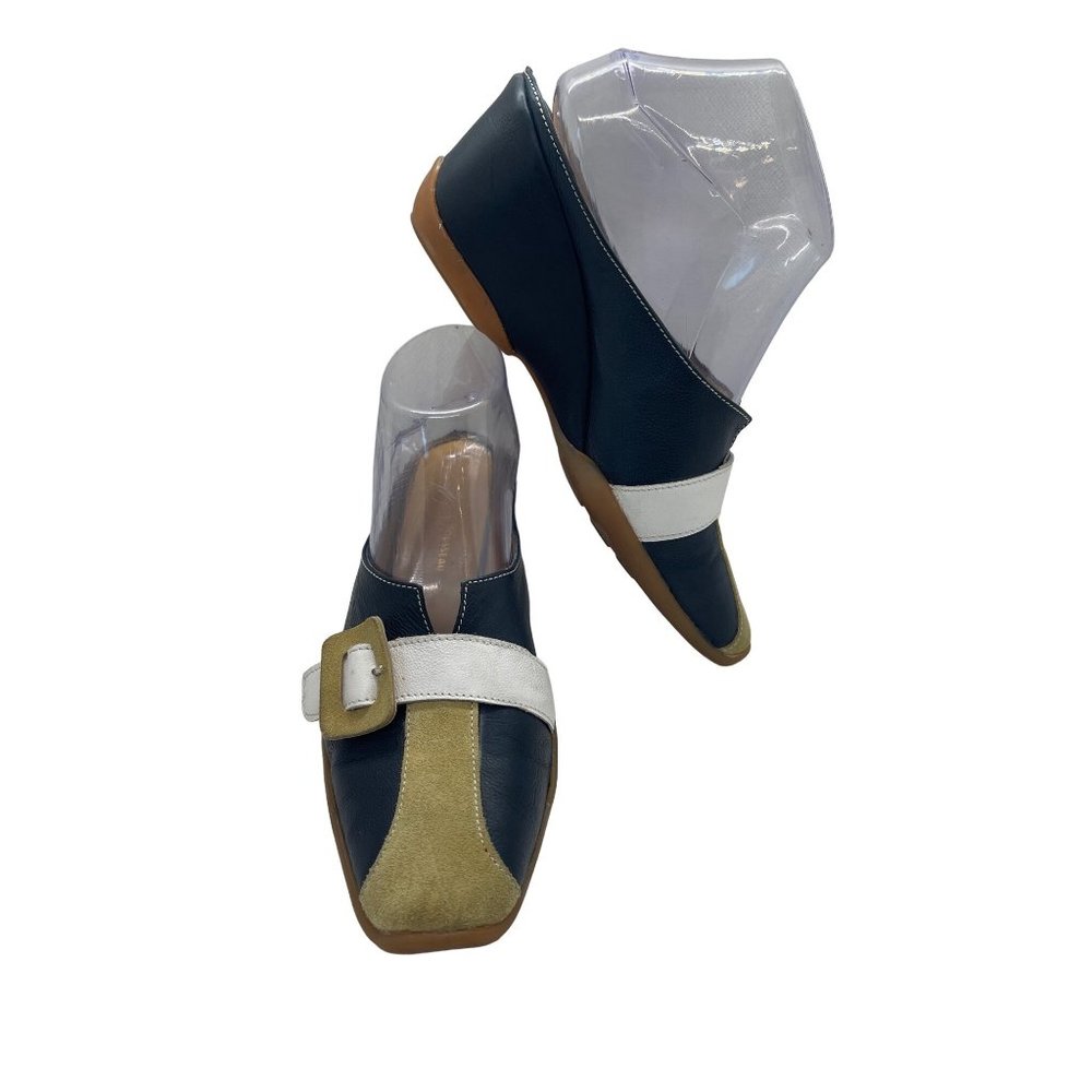 Vtg.1960s PLR Bottier Mod Buckle Slide Color Block Navy Tan Leather Sz.38 - Picture 2 of 6